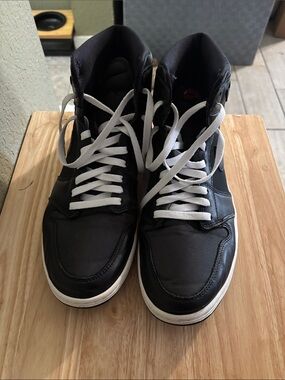 Men's Jordan 1 Retro High Black Satin Gym Red with white laces